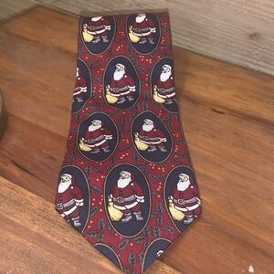 Classic Vintage Hunters Bay Tie Santa Christmas Holly Toys 100% Silk Red USA